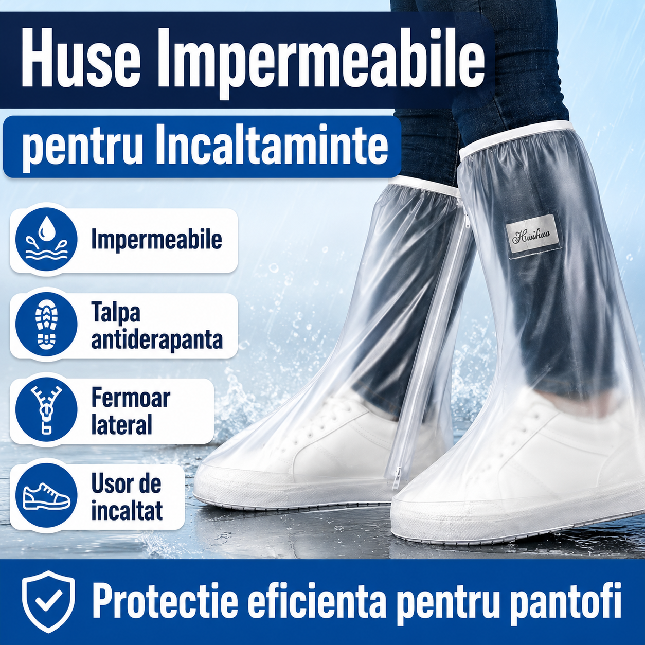 Huse Impermeabile pentru Incaltaminte cu Talpa Antiderapanta si Fermoar – Protectie Ploaie si Zapada, Material PVC Rezistent, Marimi S M L XL