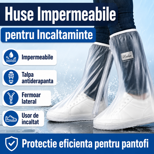 Huse Impermeabile pentru Incaltaminte cu Talpa Antiderapanta si Fermoar – Protectie Ploaie si Zapada, Material PVC Rezistent, Marimi S M L XL