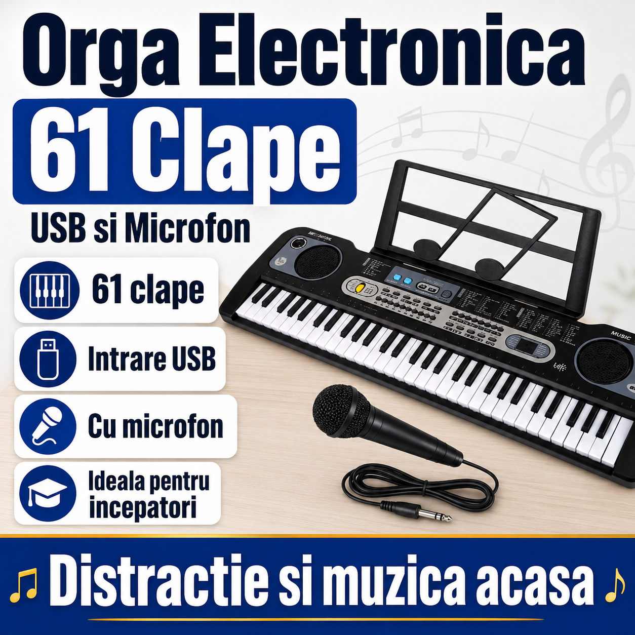 Orga Electronica 61 Clape cu Intrare USB si Microfon – Tastatura Muzicala cu Lumini, Functii Multiple, Ideala pentru Incepatori si Copii