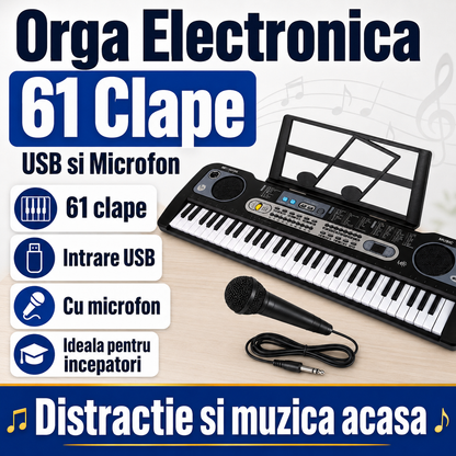Orga Electronica 61 Clape cu Intrare USB si Microfon – Tastatura Muzicala cu Lumini, Functii Multiple, Ideala pentru Incepatori si Copii