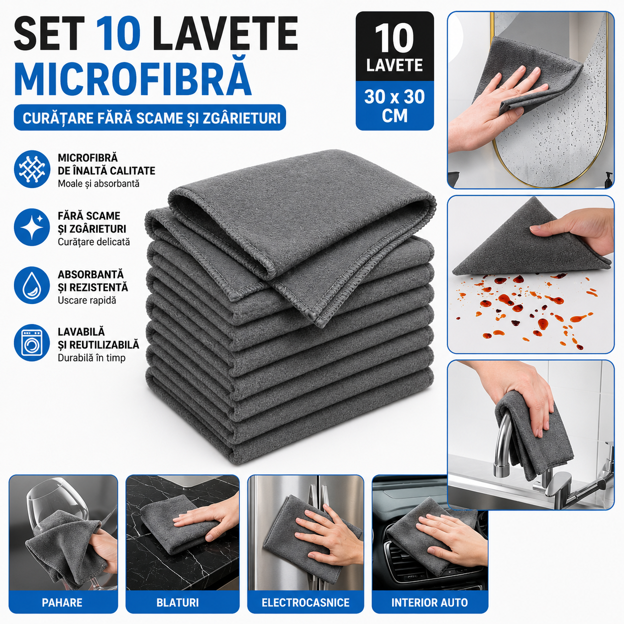 Set 10 x Lavete Microfibra, Curatare Fara Scame Si Zgarieturi, Absorbtie Ridicata, Reutilizabile Pentru Toate Suprafetele, 30x30 cm, Gri