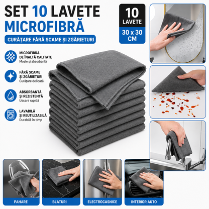 Set 10 x Lavete Microfibra, Curatare Fara Scame Si Zgarieturi, Absorbtie Ridicata, Reutilizabile Pentru Toate Suprafetele, 30x30 cm, Gri