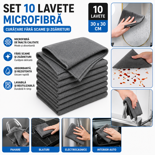 Set 10 x Lavete Microfibra, Curatare Fara Scame Si Zgarieturi, Absorbtie Ridicata, Reutilizabile Pentru Toate Suprafetele, 30x30 cm, Gri