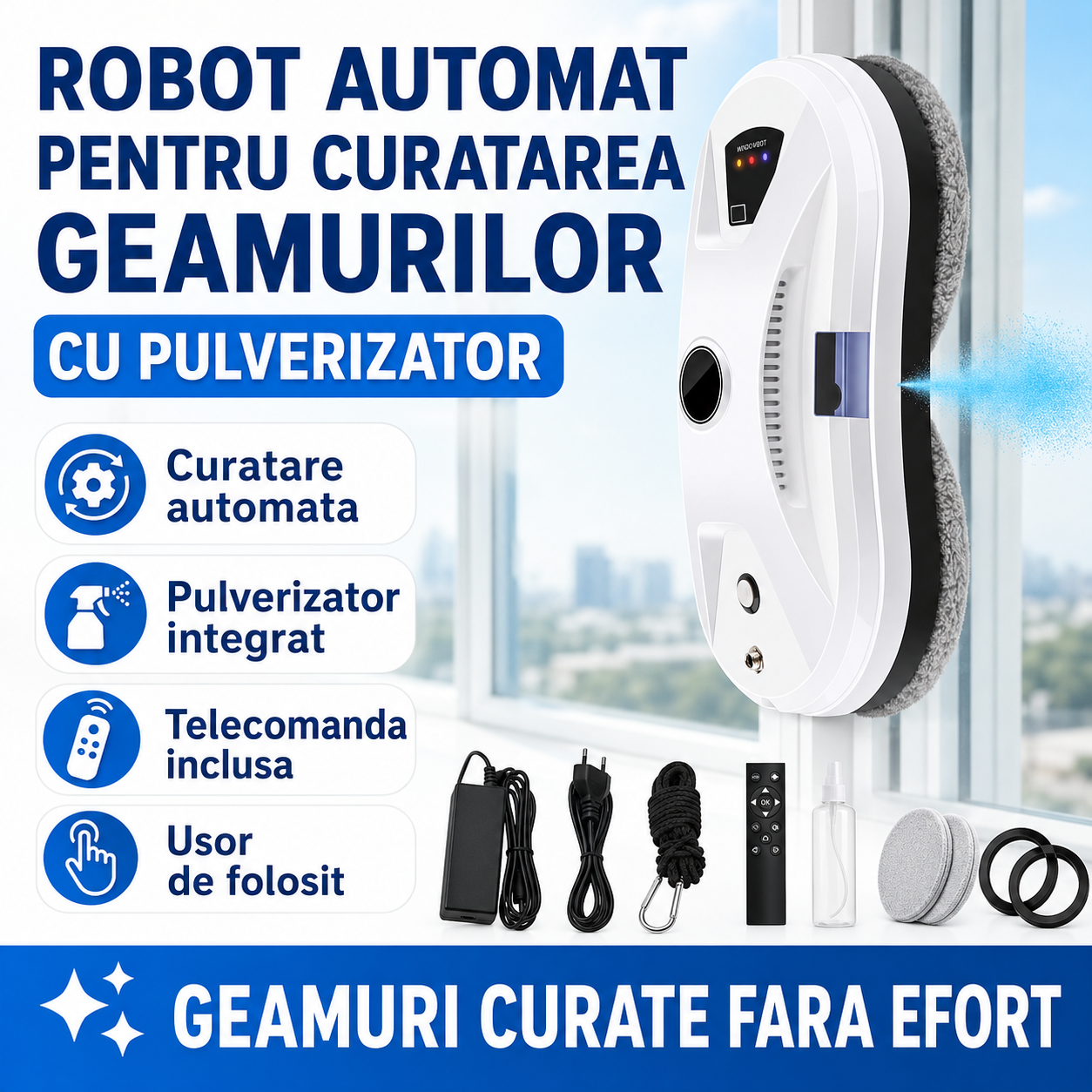 Robot Automat Pentru Curatarea Geamurilor cu Pulverizator – Aspiratie Puternica, Control Inteligent, Siguranta Ridicata, Curatare Rapida Fara Efort