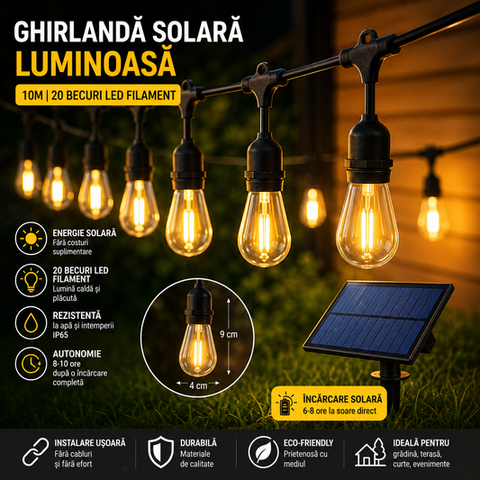 Ghirlanda Solara Luminoasa 10m cu 20 Becuri LED Filament – IP65, Lumina Calda 3000K, Incarcare Solara, Consum Redus