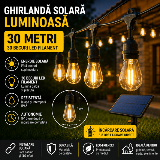 Ghirlanda Solara Luminoasa 30m cu 30 Becuri LED Filament – IP65, Lumina Calda 3000K, Incarcare Solara si USB, Iluminare Extinsa
