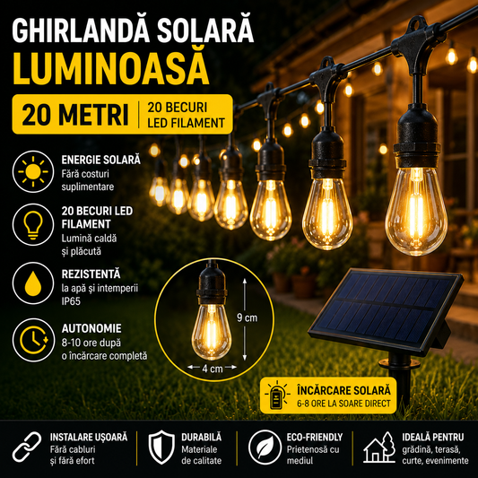 Ghirlanda Solara Luminoasa 20m cu 20 Becuri LED Filament – IP65, Lumina Calda 3000K, Incarcare Solara, Interconectabila