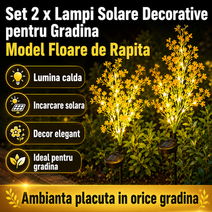 Set 2 x Lampi Solare Decorative pentru Gradina Model Floare de Rapita – Lumina Calda Ambientala, Design Realist, Rezistente la Exterior din PC si Otel Inoxidabil