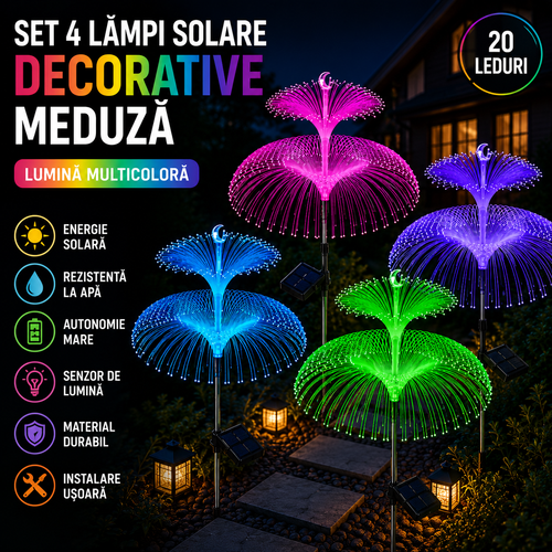 Set 4 x Lampi Solare Decorative Meduza cu Lumina Multicolora, IP65 Rezistente la Apa, Panou Solar si 8 Moduri Iluminare pentru Gradina si Curte