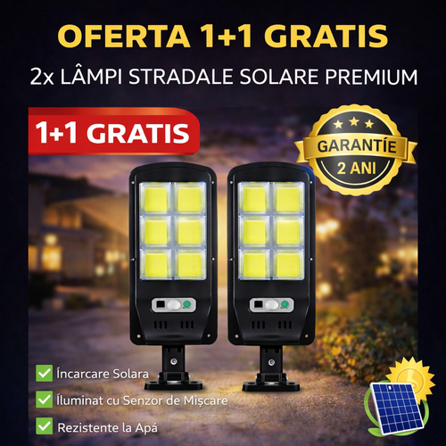 Set 2 x Proiector Solar 6 Celule LED cu Senzor de Miscare, Iluminat Exterior Gradina Curte Alee, Incarcare Solara, Rezistenta la Apa