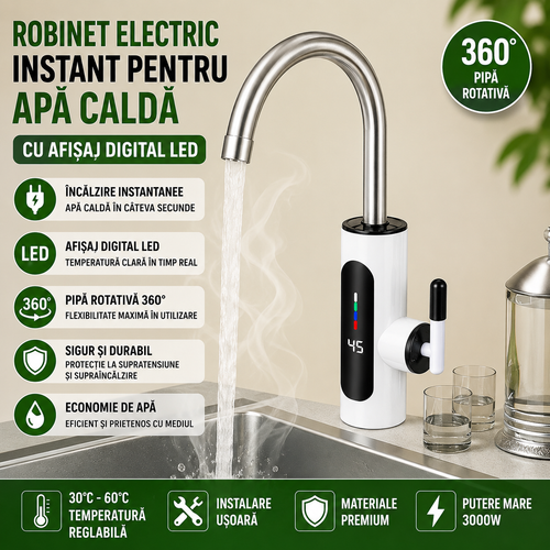 Robinet Electric Instant pentru Apa Calda cu Afisaj Digital LED, Pipa Rotativa 360°, Incalzire Rapida, Baterie Electrica pentru Bucatarie