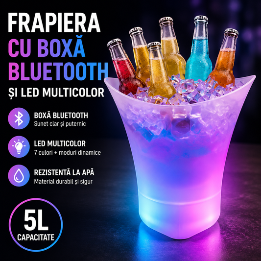 Frapiera cu Boxa Bluetooth si LED Multicolor 5L – Galeata pentru Bauturi Reci, Decor Luminos pentru Petreceri