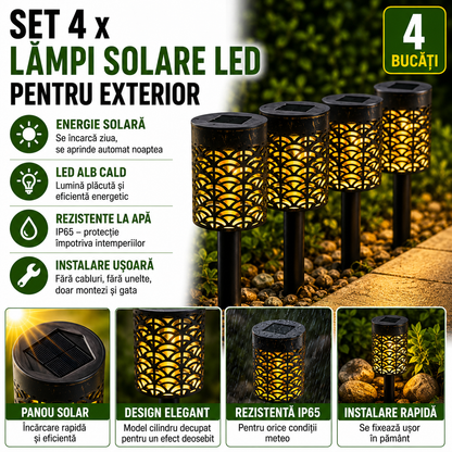 Set 4 x Lampi Solare LED pentru Exterior Model Cilindru – Lumina Galbena Ambientala, Incarcare Solara Automata, Design Elegant pentru Gradina si Terasa