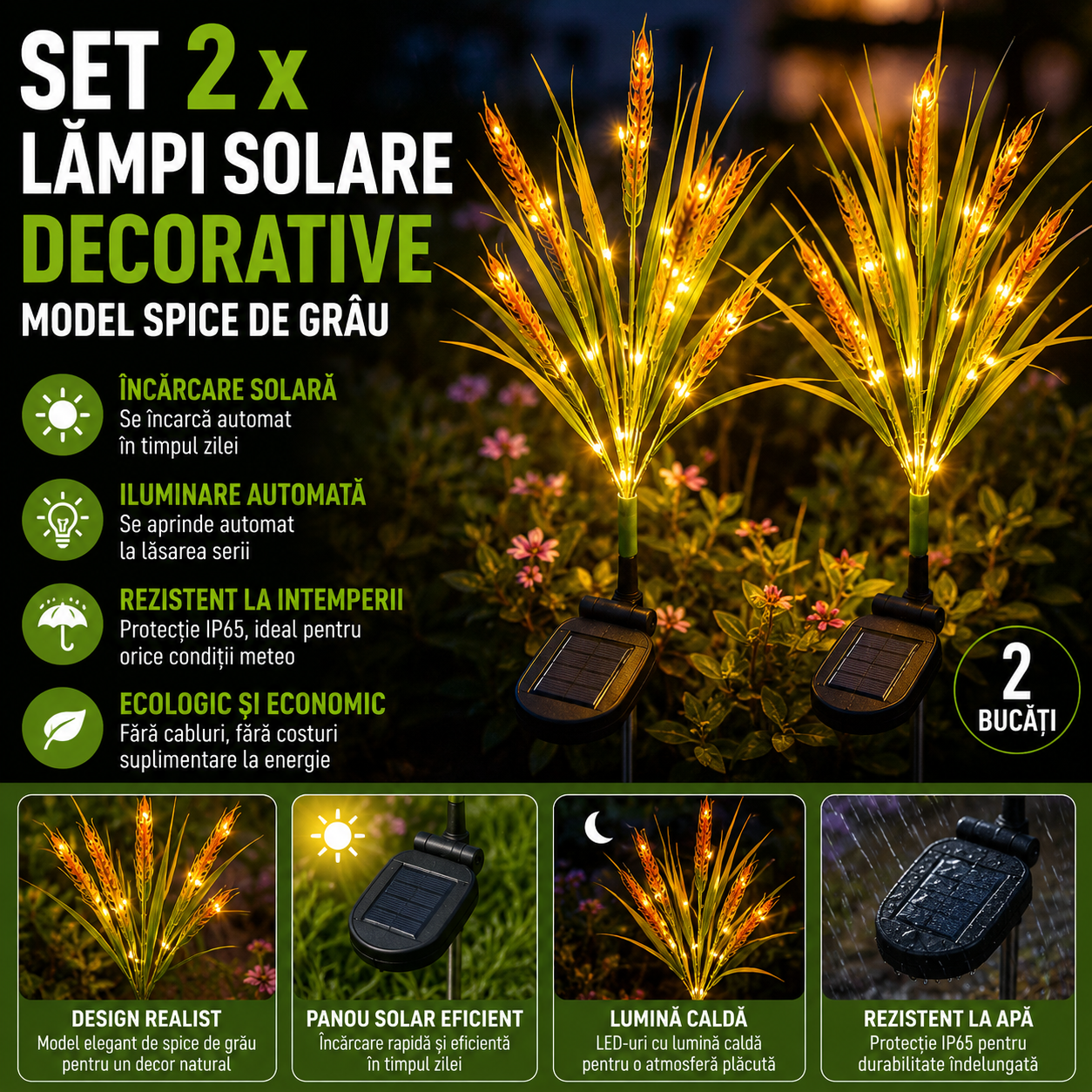 Set 2 x Lampi Solare Decorative pentru Gradina Model Spice de Grau – LED cu Senzor de Lumina, Iluminare Ambientala, Rezistente IP66 pentru Exterior