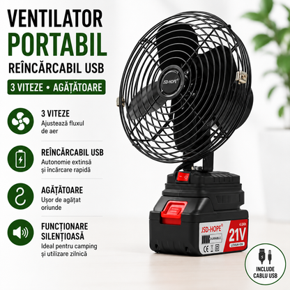 Ventilator Portabil Pentru Camping Reincarcabil USB Cu 3 Viteze Agatatoare Si Baza Functionare Silentioasa Ideal Pentru Cort Si Calatorii, Baterie Inclusa