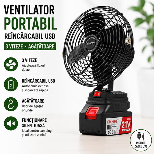 Ventilator Portabil Pentru Camping Reincarcabil USB Cu 3 Viteze Agatatoare Si Baza Functionare Silentioasa Ideal Pentru Cort Si Calatorii, Baterie Inclusa