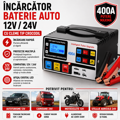 Incarcator Baterie Auto 12/24V Cu Cleme Tip Crocodil, Protectie Sigura, Compatibil Universal, Utilizare Usoara