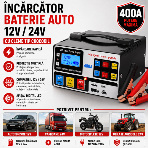 Incarcator Baterie Auto 12/24V Cu Cleme Tip Crocodil, Protectie Sigura, Compatibil Universal, Utilizare Usoara