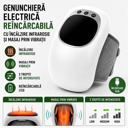 Genunchiera Electrica Reincarcabila Cu Incalzire Infrarosie Si Masaj Vibratii 3 Trepte Intensitate Portabila Pentru Ameliorarea Durerilor De Genunchi