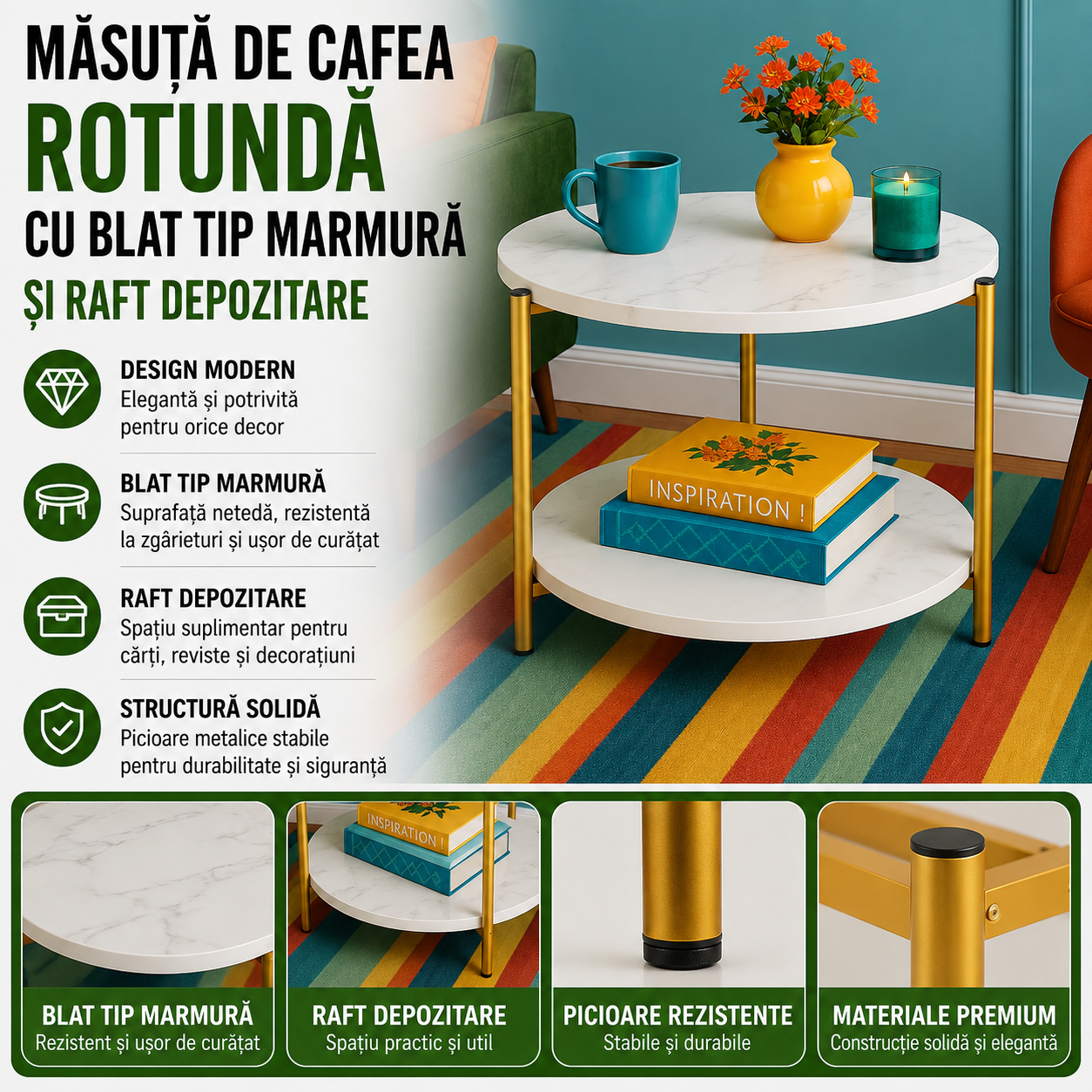Masuta Cafea Rotunda Cu Blat Tip Marmura Si Raft Depozitare Design Modern Picioare Aurii Elegante Compacta Pentru Living