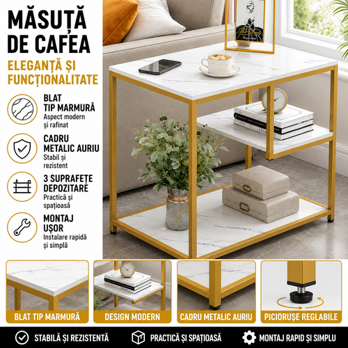 Masuta Cafea Dreptunghiulara Cu Blat Tip Marmura Cadru Metalic Auriu Stabil Design Modern Pentru Living Si Dormitor