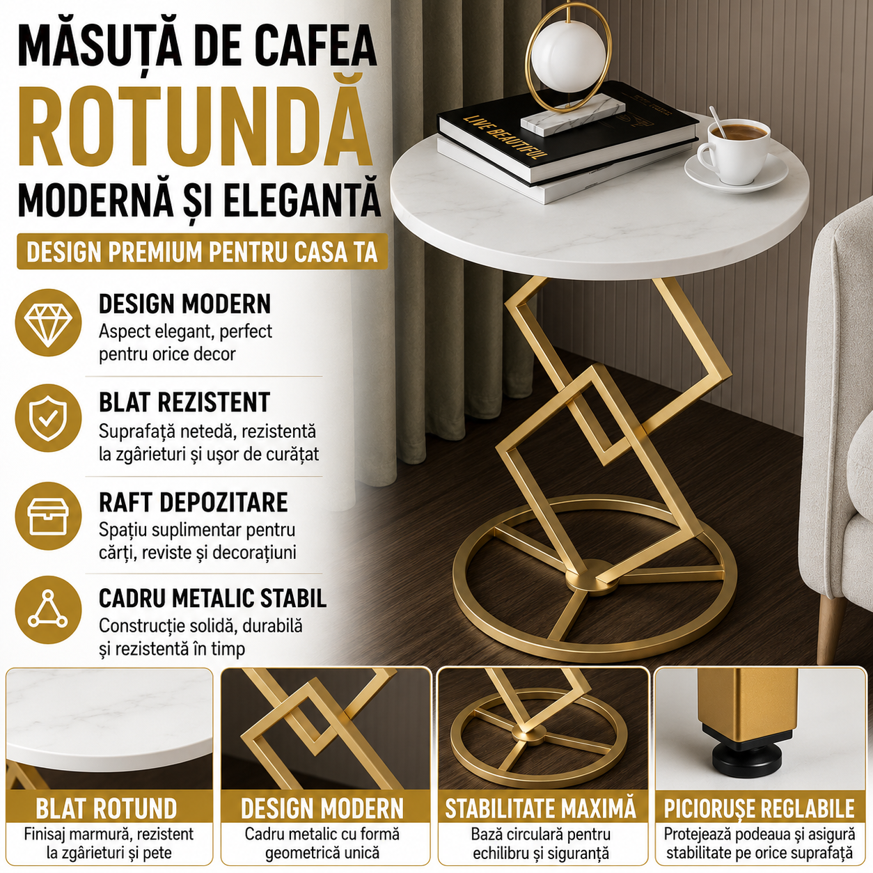 Masuta Cafea Rotunda Moderna Blat Rezistent Cadru Metalic Stabil Design Elegant Pentru Living Dormitor Sau Balcon