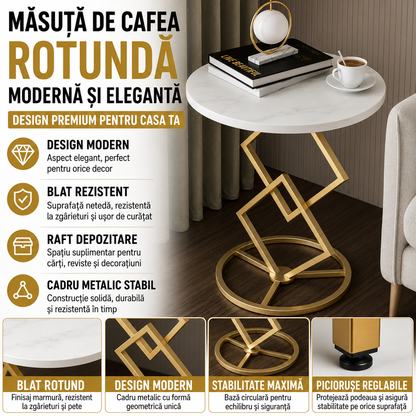 Masuta Cafea Rotunda Moderna Blat Rezistent Cadru Metalic Stabil Design Elegant Pentru Living Dormitor Sau Balcon