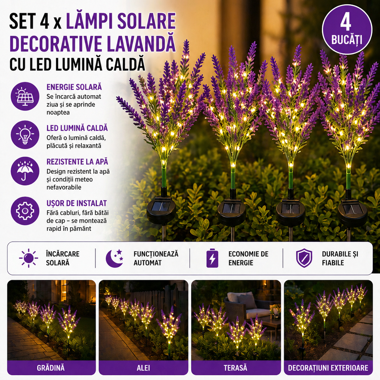 Set 4 x Lampi Solare Decorative Lavanda cu LED Lumina Calda, Rezistente la Apa IP65, Panou Solar Integrat, Iluminat Exterior pentru Gradina si Alei