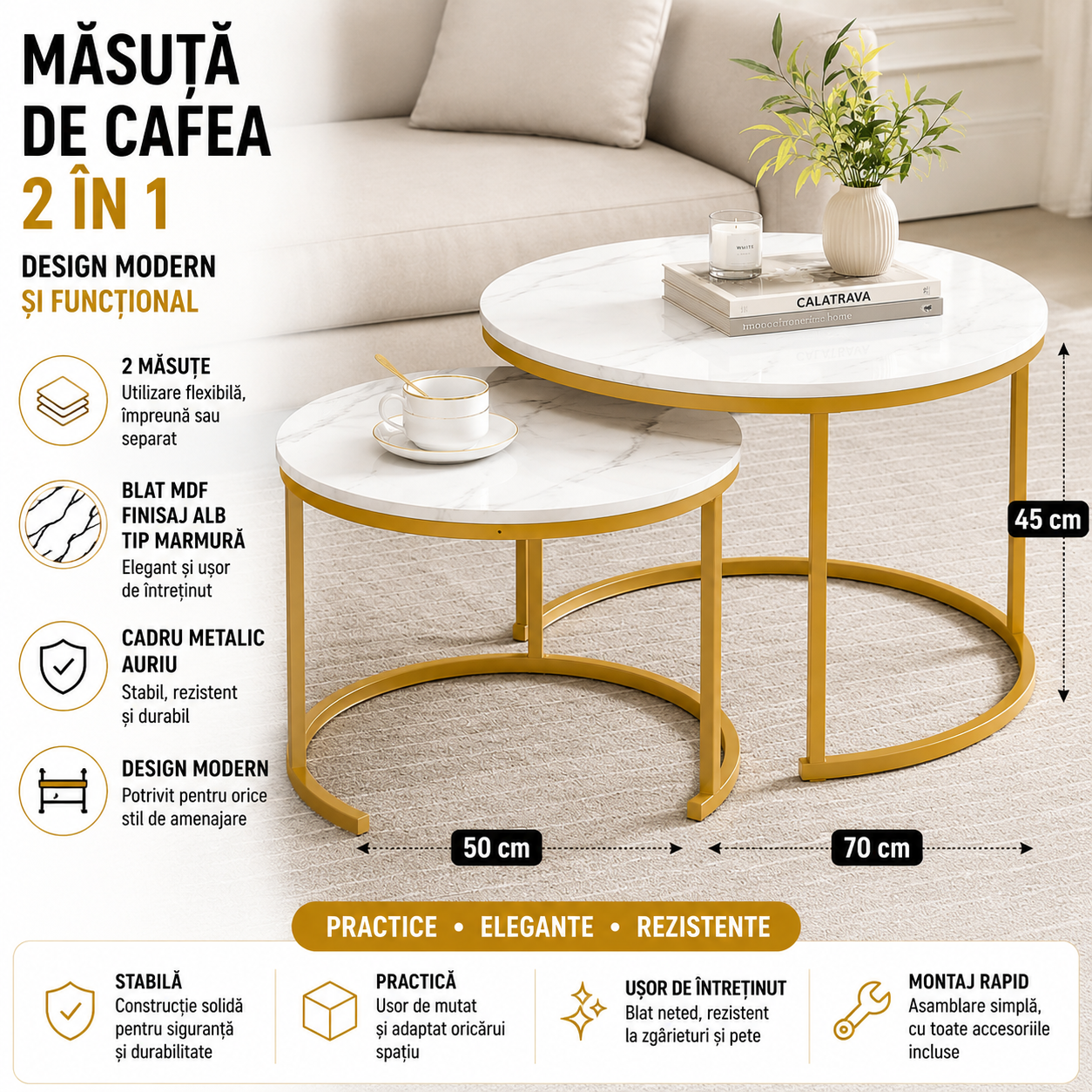 Masuta Cafea 2 in 1 pentru Living cu Cadru Metalic si Blat Efect Marmura, Masute Suprapuse, Design Modern si Economie Spatiu