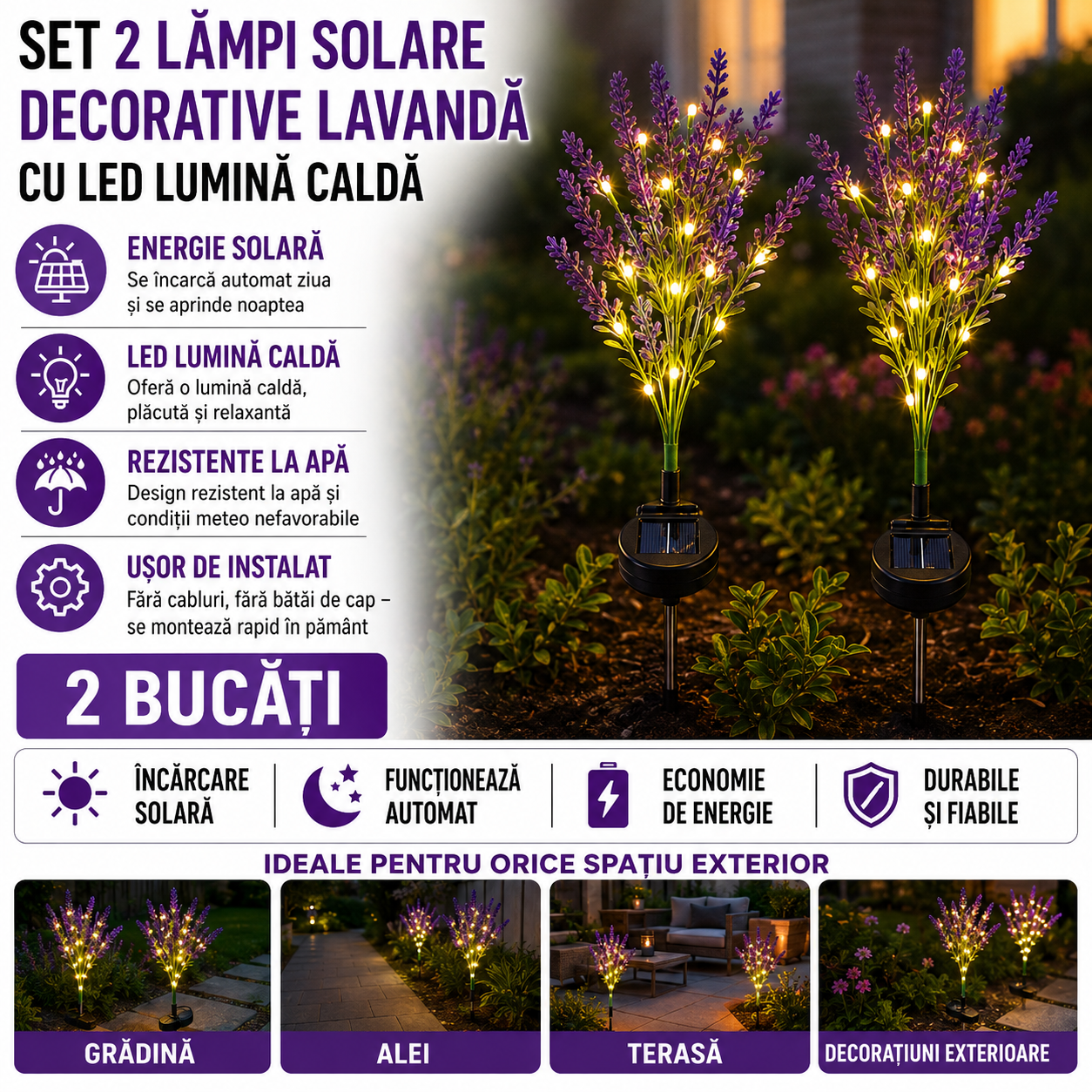 Set 2 x Lampi Solare Decorative Lavanda cu LED Lumina Calda, Rezistente la Apa IP65, Panou Solar Integrat, Iluminat Exterior pentru Gradina si Alei