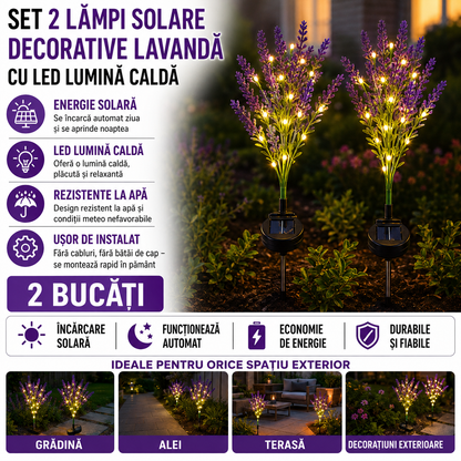 Set 2 x Lampi Solare Decorative Lavanda cu LED Lumina Calda, Rezistente la Apa IP65, Panou Solar Integrat, Iluminat Exterior pentru Gradina si Alei