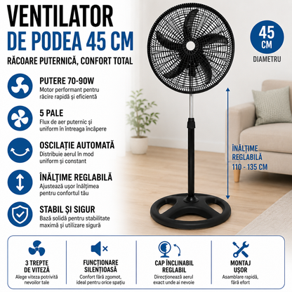 Ventilator De Podea 45 cm, Putere 70-90W, 5 Pale, Oscilatie Si Inaltime Reglabila, Functionare Silentioasa, Diverse Culori