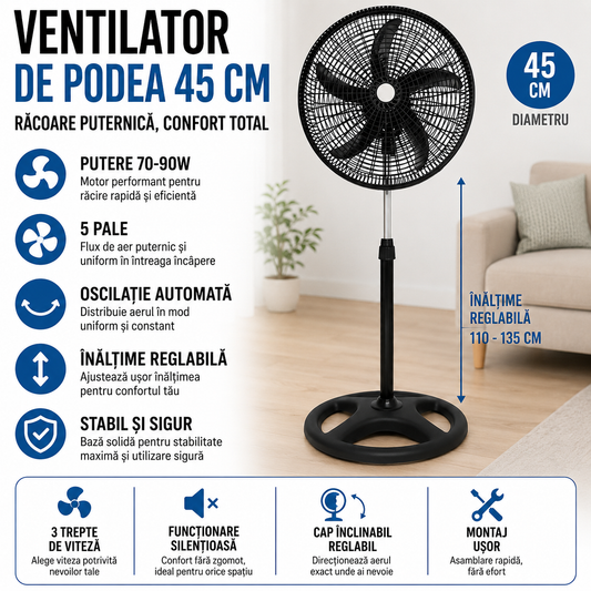 Ventilator De Podea 45 cm, Putere 70-90W, 5 Pale, Oscilatie Si Inaltime Reglabila, Functionare Silentioasa, Diverse Culori