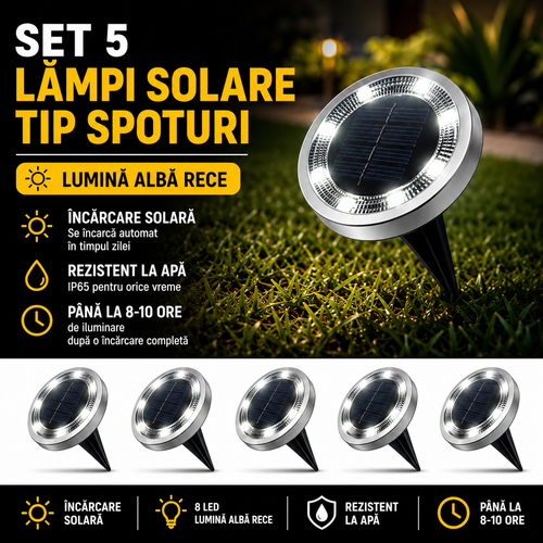 Set 5 x Lampi Solare Tip Spoturi cu 8 LED Lumina Alba Rece, Rezistente la Apa, Senzor Automat Zi Noapte, Iluminat Exterior pentru Gradina si Alei