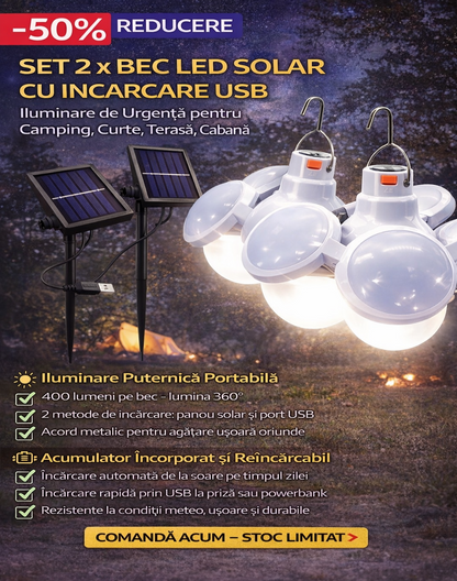 Set 2 x Bec cu Panou Solar si Incarcare USB, Lampa Camping si Urgenta cu Carlig, 3 Panouri Iluminare 360°, Acumulator Inclus