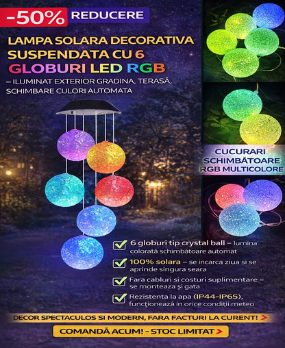 Lampa Solara Decorativa Suspendata cu 6 Globuri LED RGB – Iluminat Exterior Gradina, Terasa, Balcon, Schimbare Culori Automata