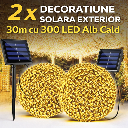 Set 2 x Decoratiune Solara Exterior 30m cu 300 LED Alb Cald – Ghirlanda Luminoasa pentru Gradina, Terasa, Curte, IP65