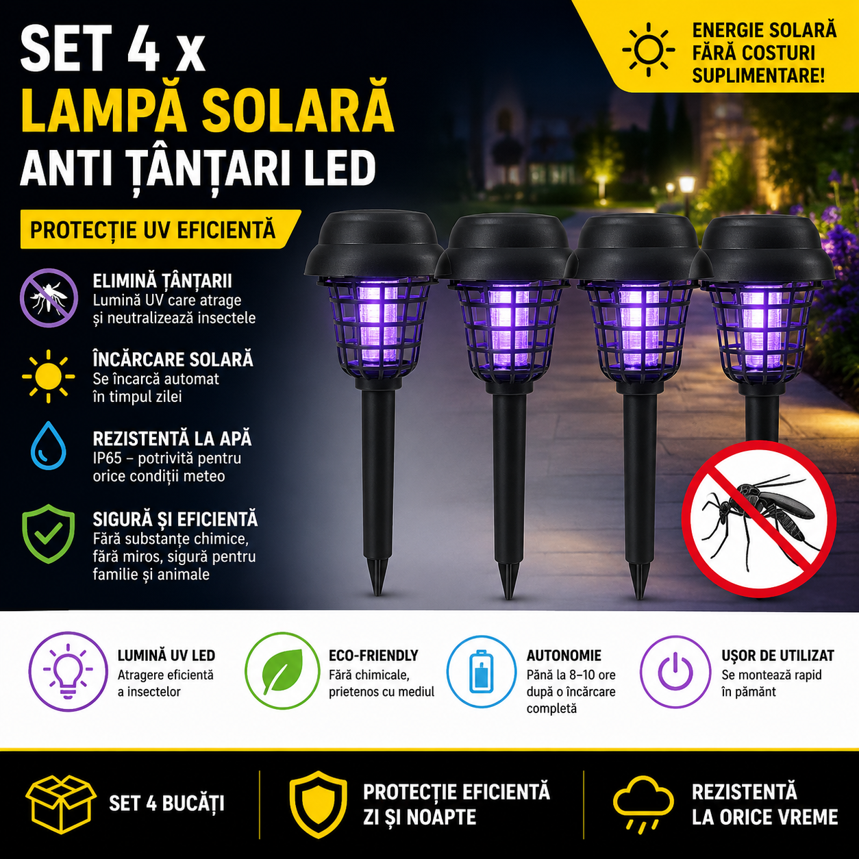 Set 4 x Lampa Solara Anti Tantari LED, Protectie UV Eficienta, Autonomie 8-12h, Design Modern Exterior Interior