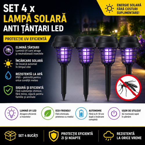 Set 4 x Lampa Solara Anti Tantari LED, Protectie UV Eficienta, Autonomie 8-12h, Design Modern Exterior Interior