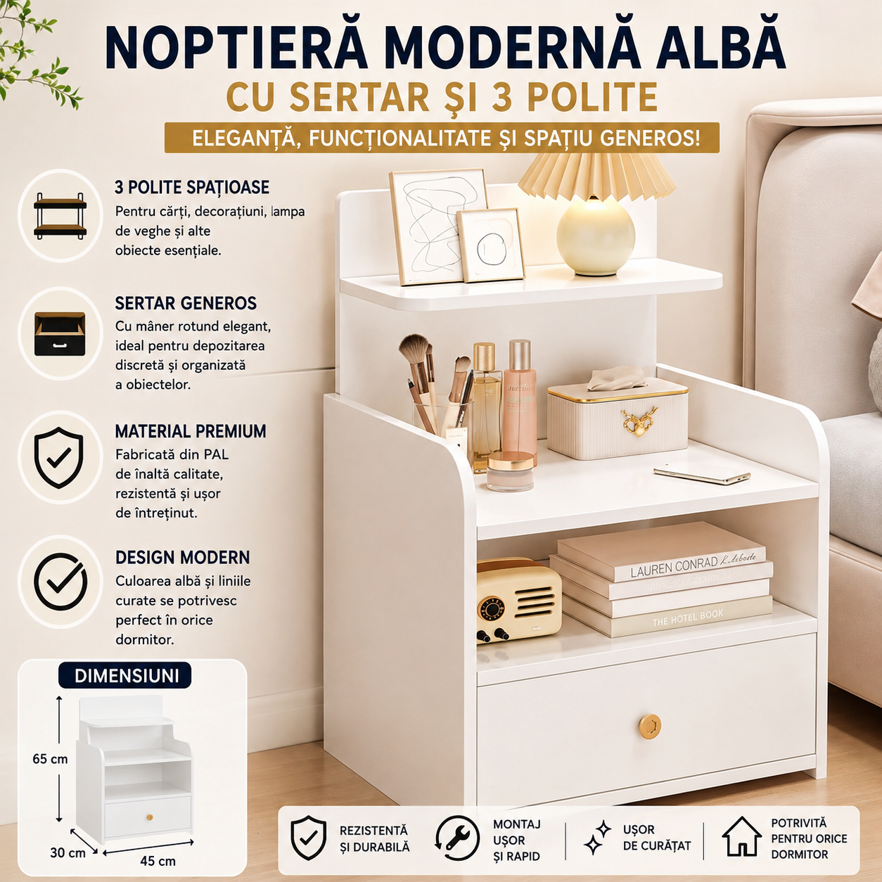 Noptiera Moderna Alba Cu Sertar Si 3 Polite, Design Compact Multifunctional, MDF Rezistent 33x26x60 cm