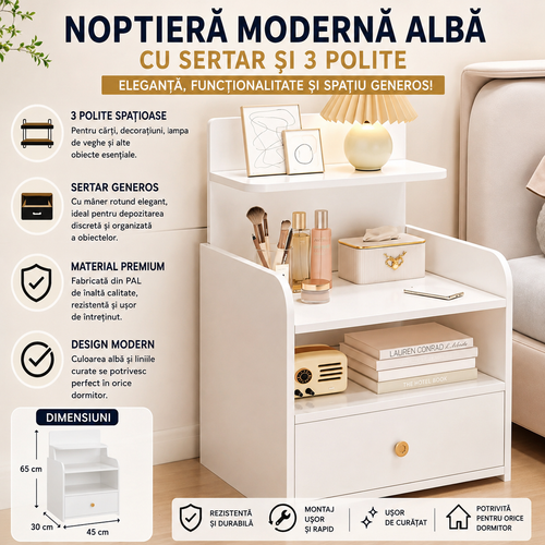 Noptiera Moderna Alba Cu Sertar Si 3 Polite, Design Compact Multifunctional, MDF Rezistent 33x26x60 cm