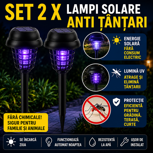 Set 2 X Lampi Solare Anti Tantari Cu Lumina UV, Iluminare Automata, Autonomie 8-12 Ore, Utilizare Interior Exterior