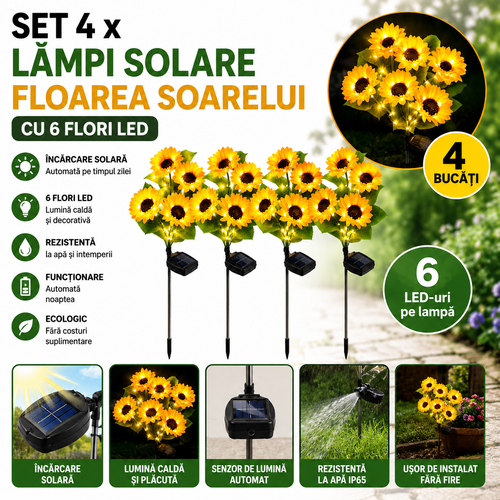 Set 4 X Lampi Solare Floarea Soarelui Cu 6 Flori LED Fiecare, Iluminare Automata, Alimentare Solara, Rezistente La Apa, Decor Gradina Exterior
