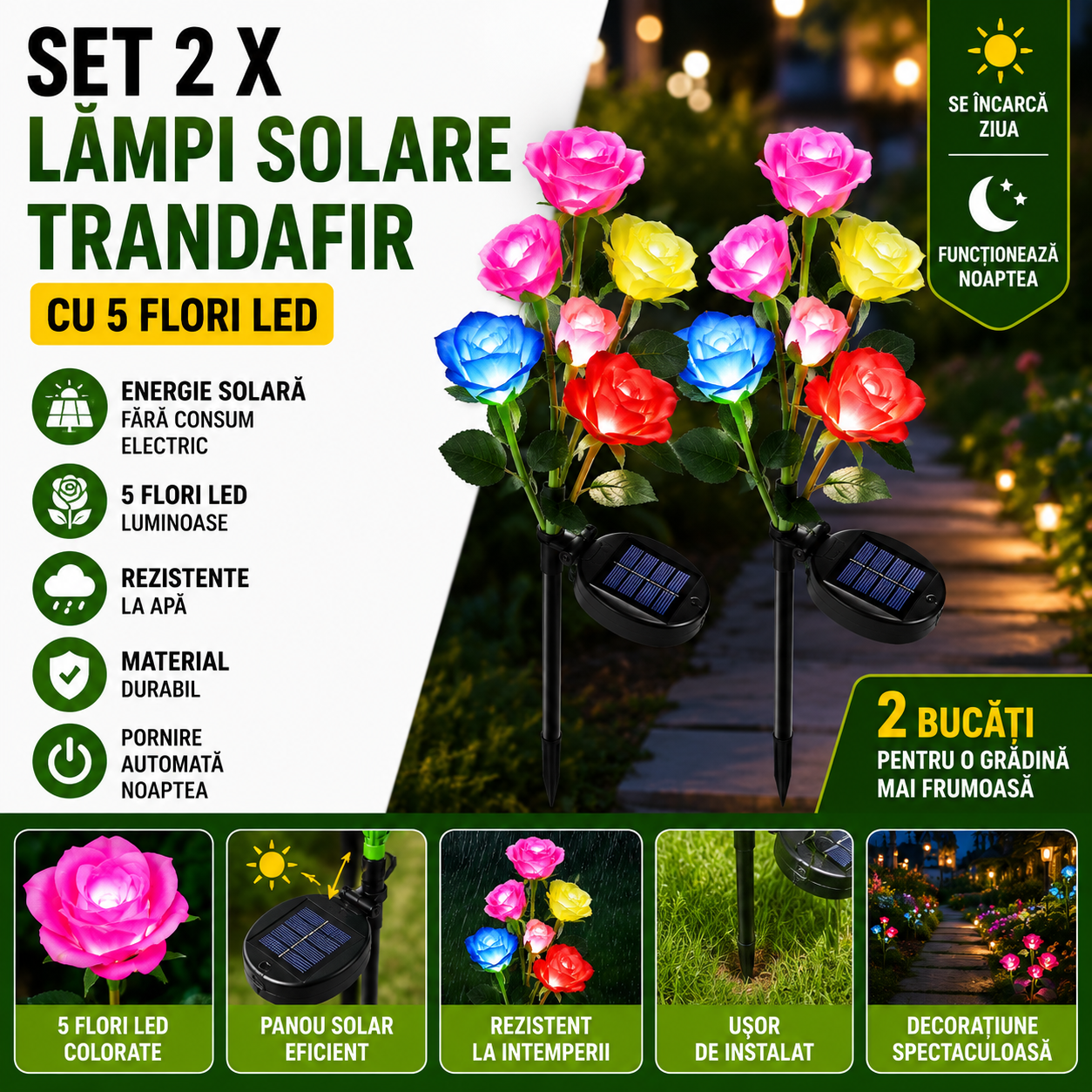 Set 2 X Lampi Solare Trandafir Cu 5 Flori LED, Senzor Lumina Automat, Rezistente La Apa, Decor Gradina Exterior, Diverse Culori