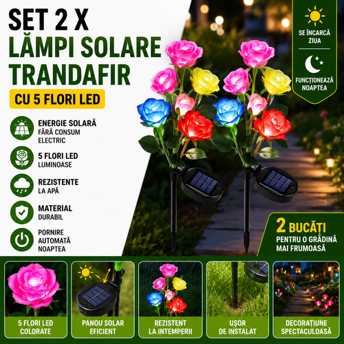 Set 2 X Lampi Solare Trandafir Cu 5 Flori LED, Senzor Lumina Automat, Rezistente La Apa, Decor Gradina Exterior, Diverse Culori