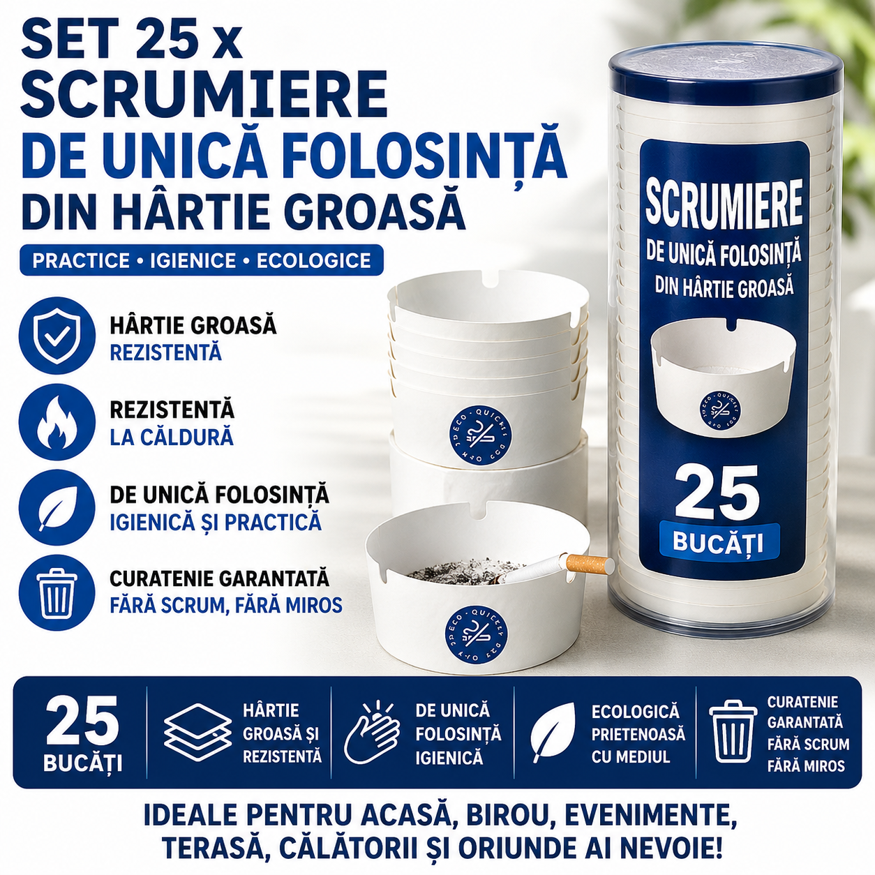Set 25 X Scrumiere De Unica Folosinta Din Hartie Groasa, Portabile, Anti Miros, Cu Absorbtie Fum, Pentru Interior Si Exterior