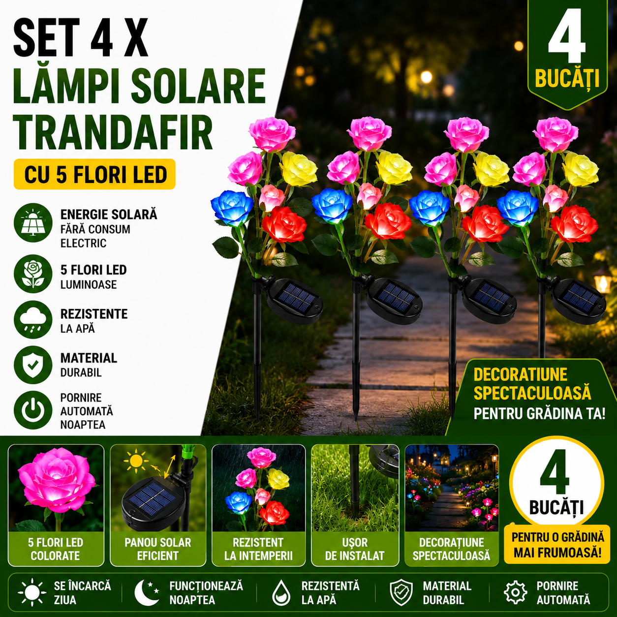 Set 4 X Lampi Solare Trandafir Cu 5 Flori LED, Senzor Lumina Automat, Rezistente La Apa, Decor Exterior Gradina, Curte Si Alei, Diverse Culori