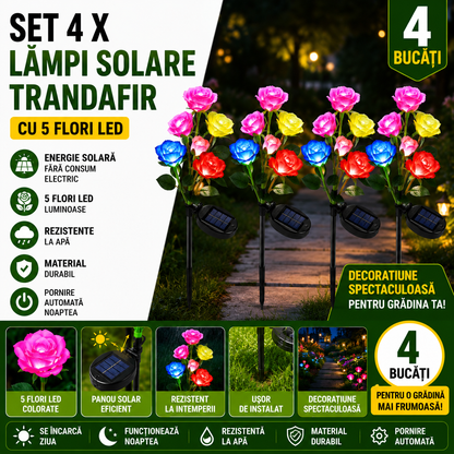 Set 4 X Lampi Solare Trandafir Cu 5 Flori LED, Senzor Lumina Automat, Rezistente La Apa, Decor Exterior Gradina, Curte Si Alei, Diverse Culori