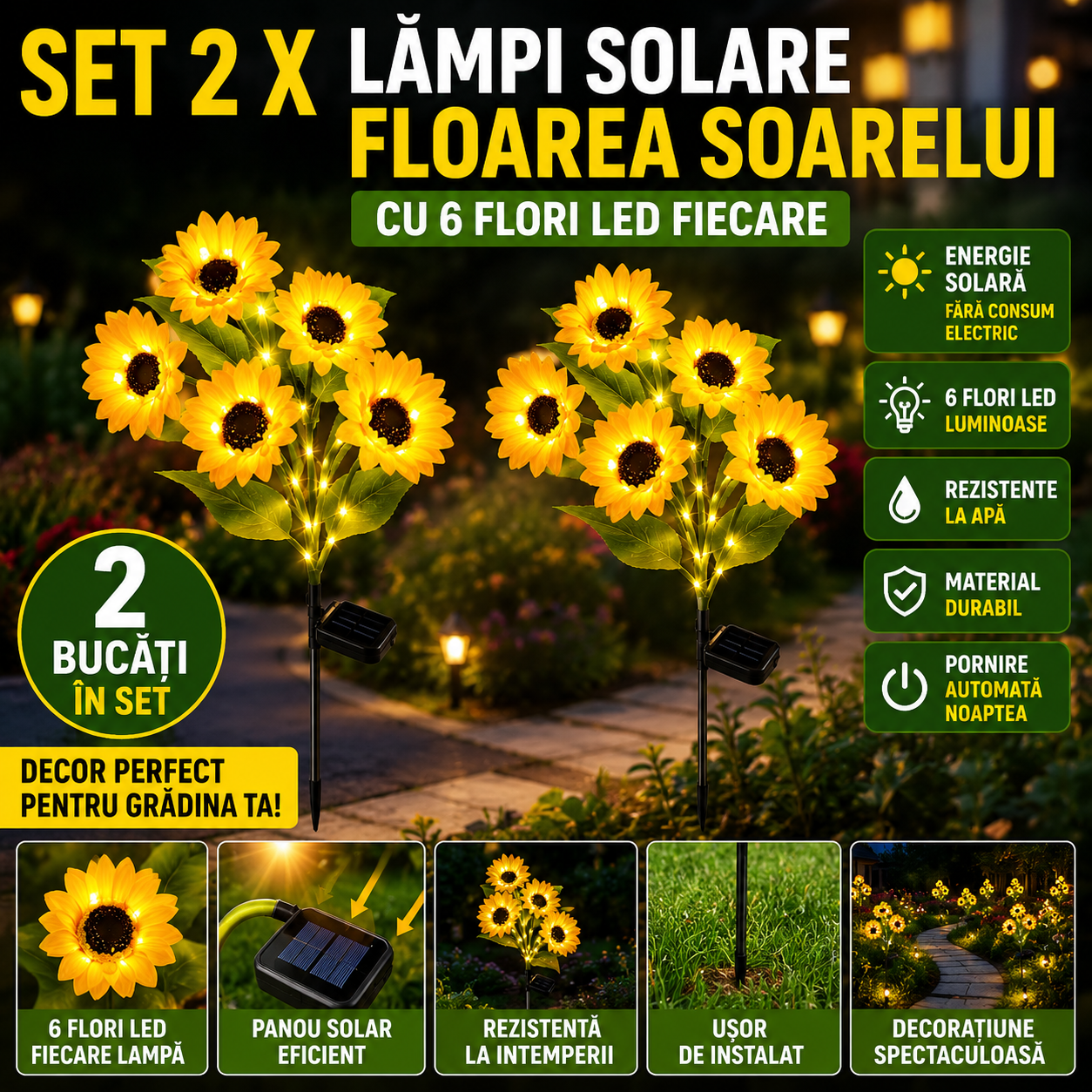 Set 2 X Lampi Solare Floarea Soarelui Cu 6 Flori LED Fiecare, Alimentare Solara, Iluminare Automata, Design Decorativ Pentru Gradina