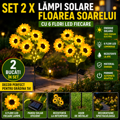 Set 2 X Lampi Solare Floarea Soarelui Cu 6 Flori LED Fiecare, Alimentare Solara, Iluminare Automata, Design Decorativ Pentru Gradina